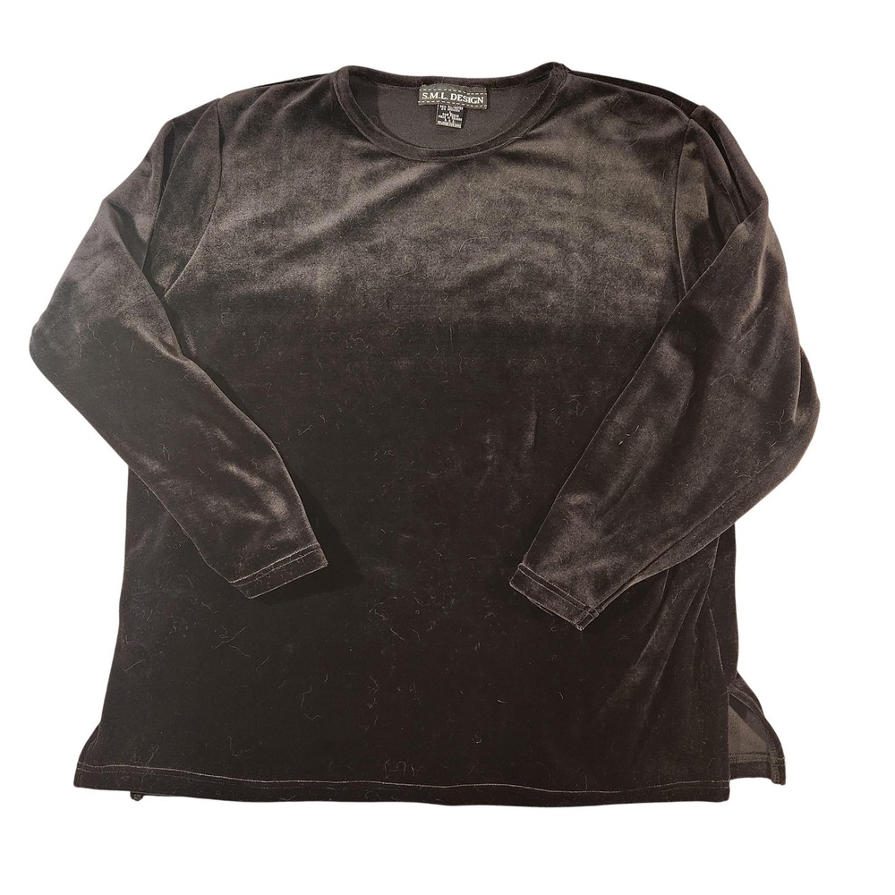 SML Design Shirt Womens Large Black‎ Velvet Velour Long Sle0eve Crewneck Top